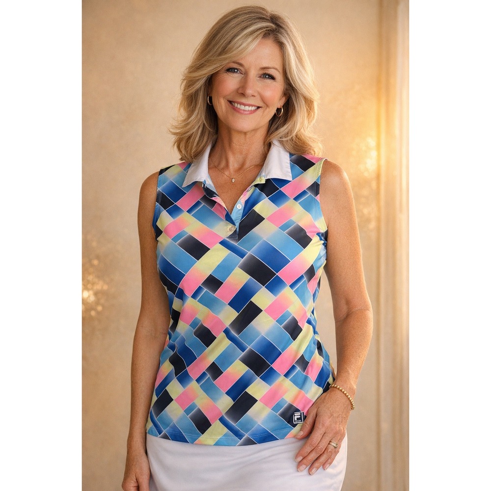 Fila Golf Polo Womens L Sleeveless Multicolor Argyle Performance Tennis Shirt